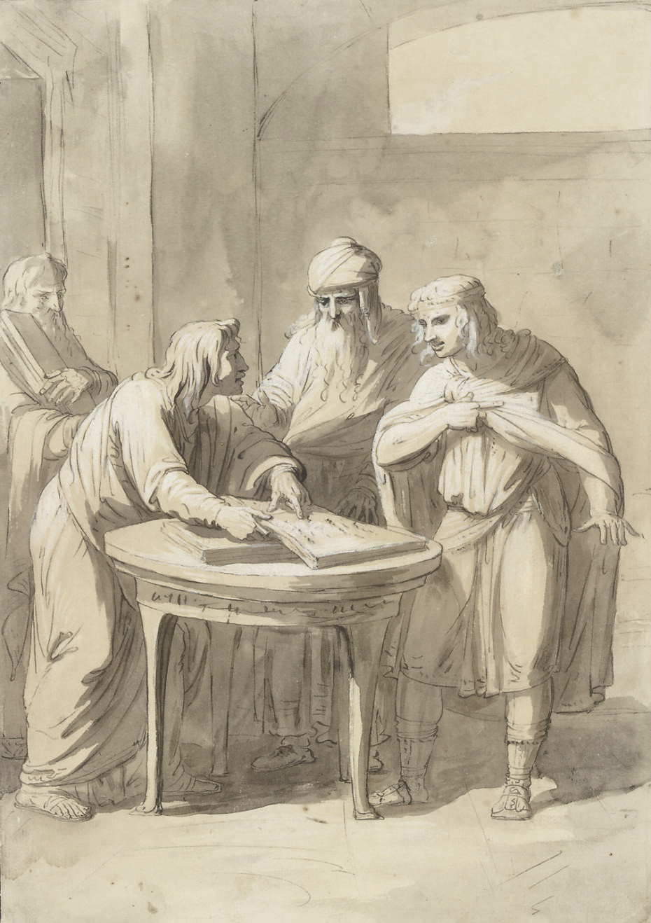 Four men in an interior, one pointing at a passage in a book 
