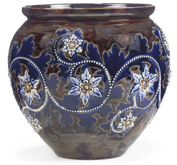 A DOULTON LAMBETH STONEWARE FLOWER POT , LATE 19TH CENTURY, IMPRESSED FACTORY MARKS AND INCISED