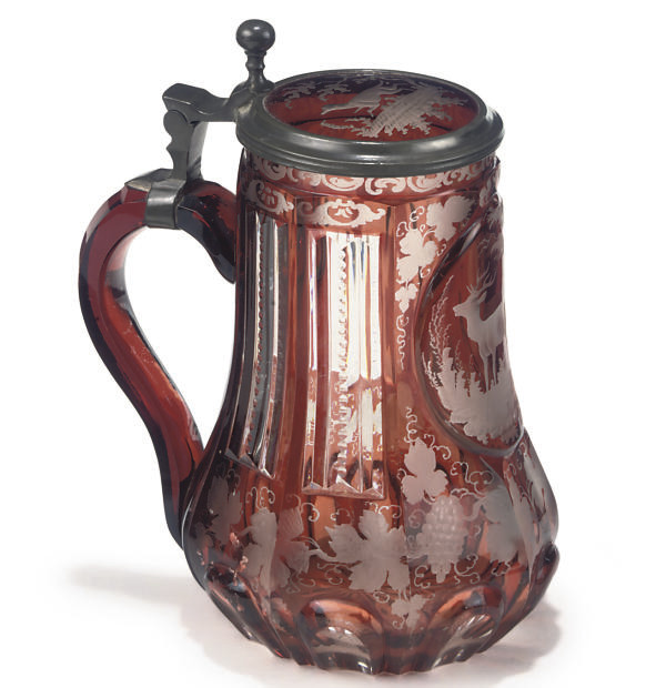 A Bohemian Glass Pewter Mounted Tankard And Hinged Cover