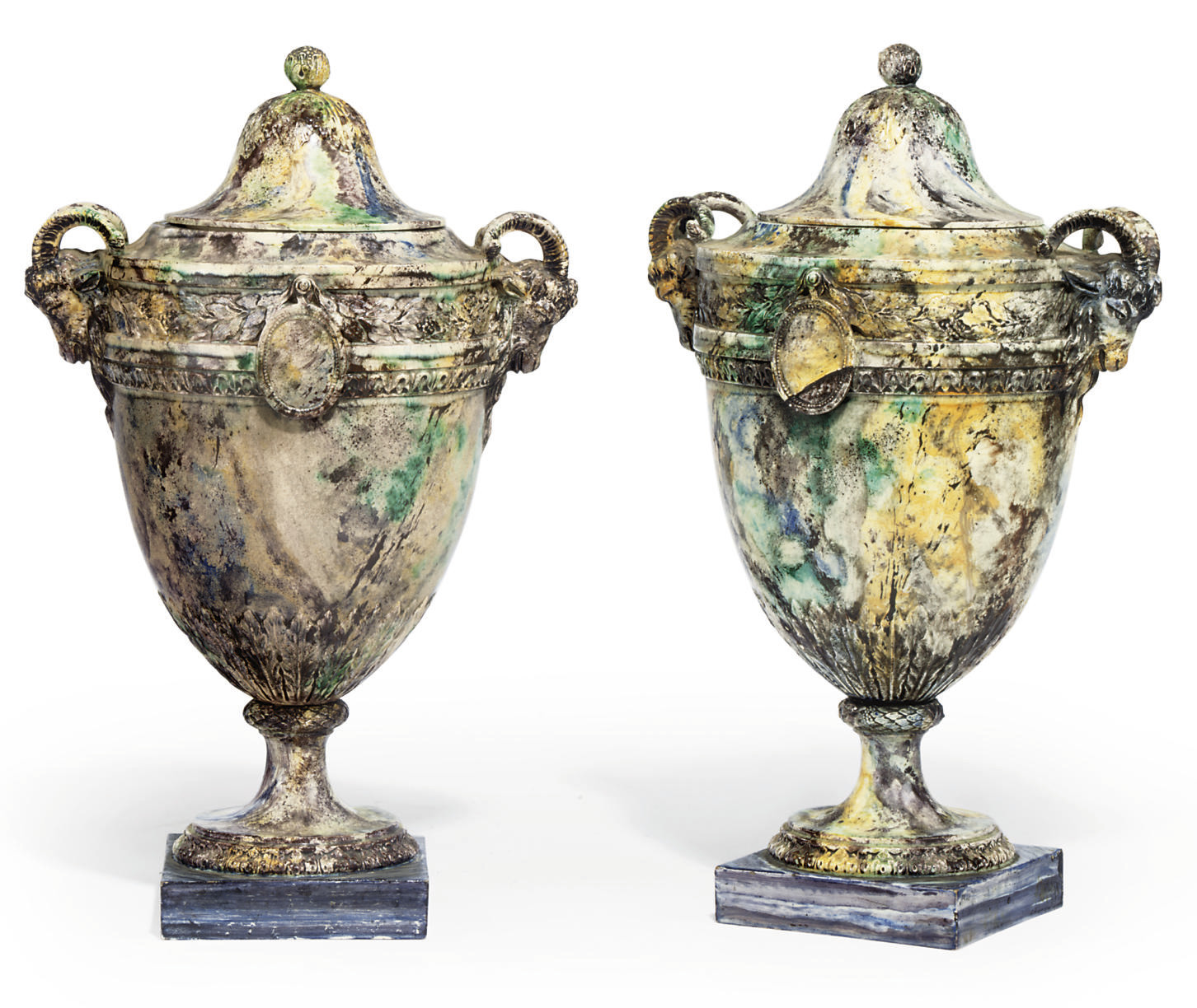 A PAIR OF FRENCH POTTERY TWOHANDLED VASES AND COVERS , CIRCA 1800