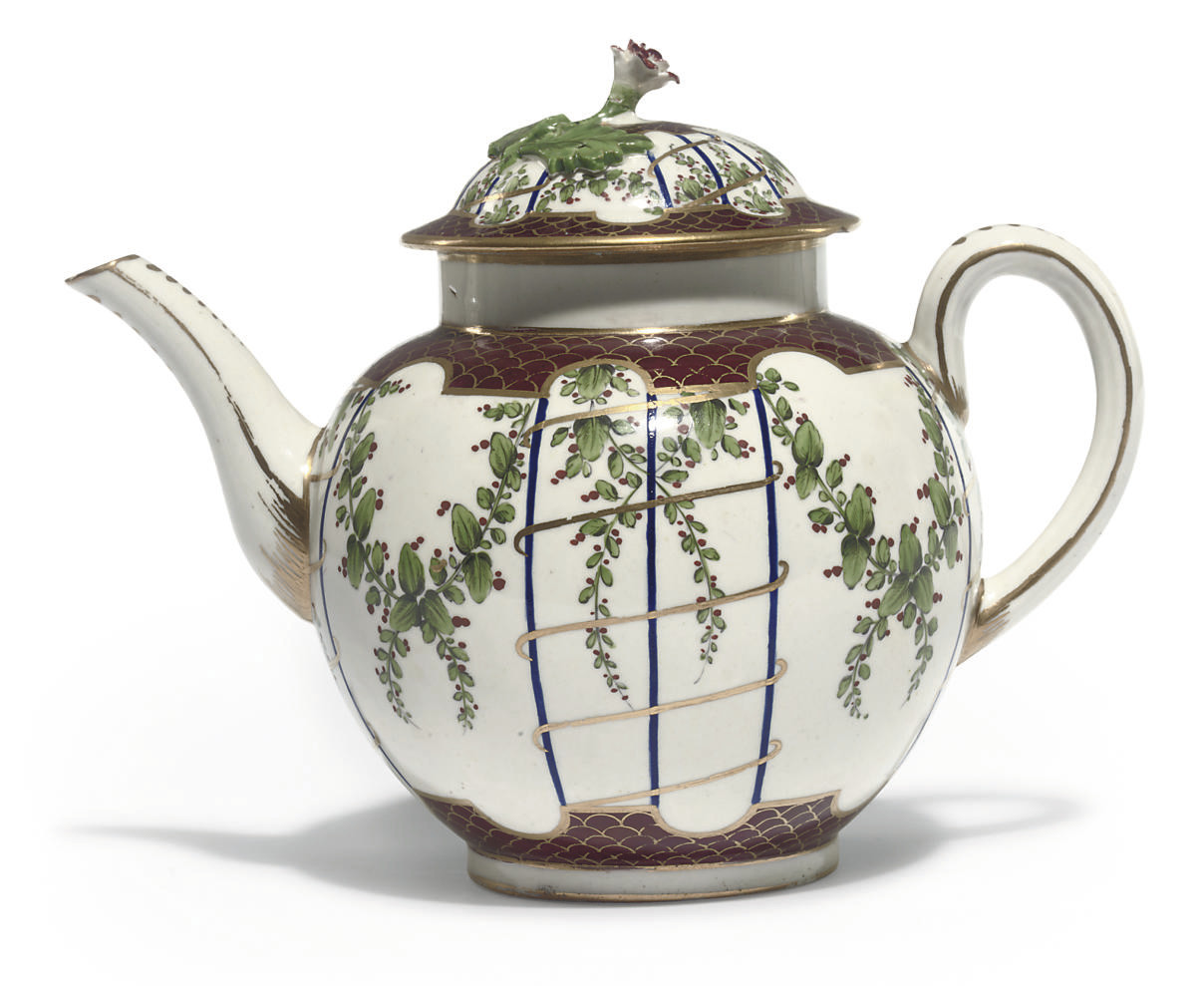 A WORCESTER LATERDECORATED GLOBULAR TEAPOT AND COVER , CIRCA 177075