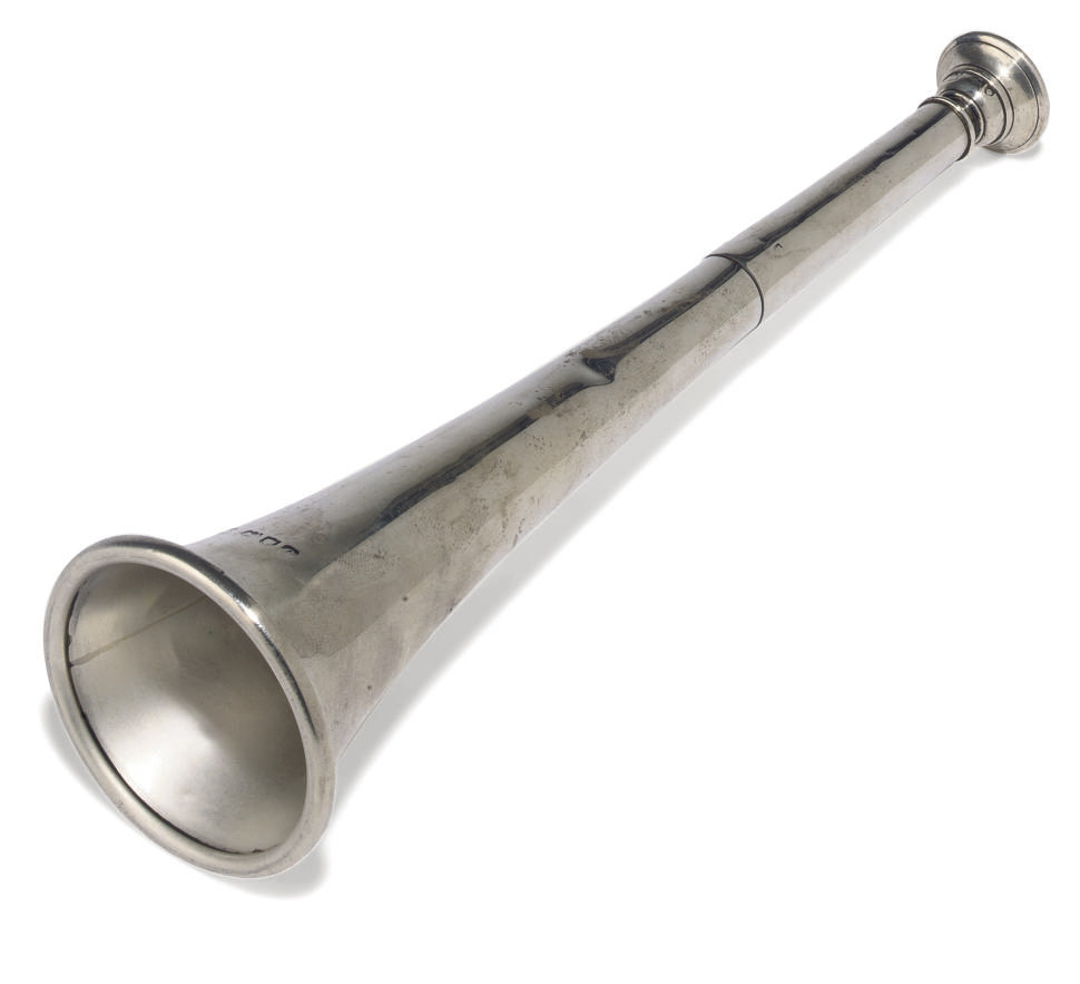 A LATE VICTORIAN SILVER HUNTING HORN , MARK OF D.K OVER G.K, LONDON