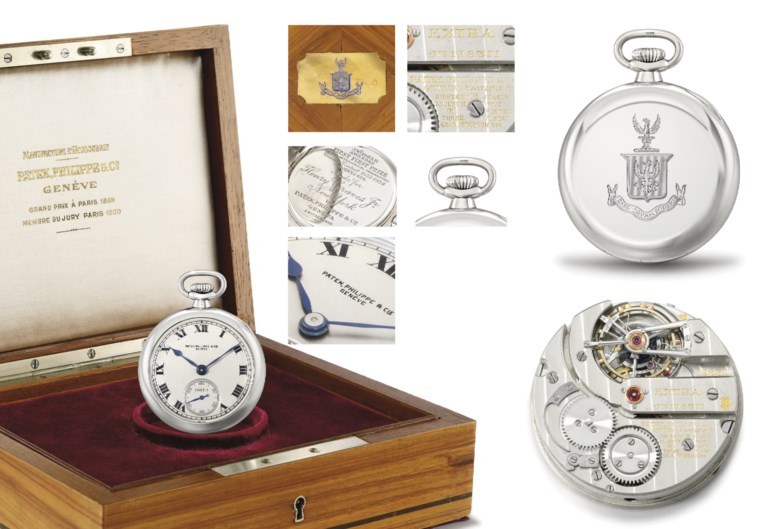 Patek Philippe, an exceptional, unique and historically important platinum open-face one-minute tourbillon watch with Guillaume balance, original fitted wooden presentation box and Bulletin d’Observatoire, 1932. Movement no. 198’311, case no. 417’380. Sold for CHF843,000 on 17 November 2008 at Christie’s in Geneva