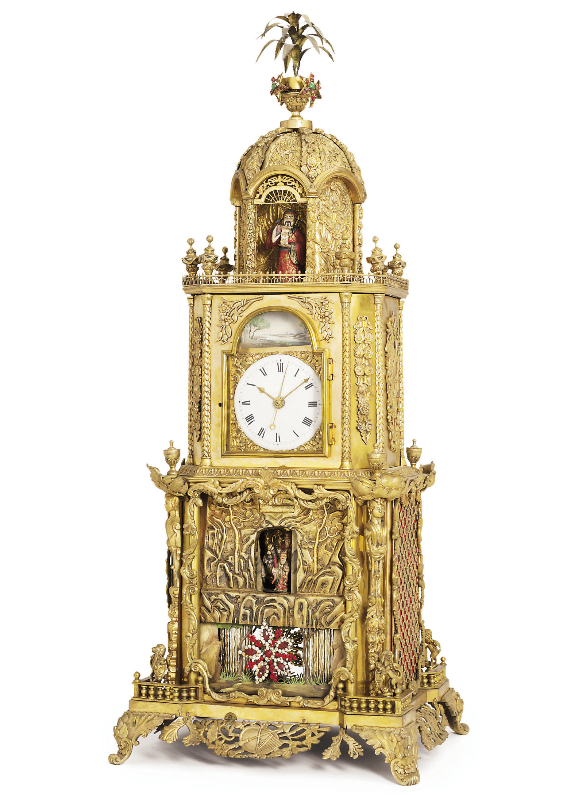 A CHINESE GILTMETAL AND PASTESET STRIKING, MUSICAL AND AUTOMATON