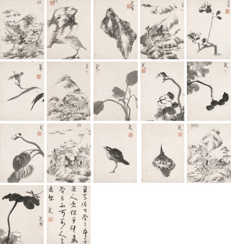 Bada Shanren (1626-1705), Landscapes, Flower, Birds and Rocks, 1698. Album of 17 leaves, 16 of paintings and one of calligraphy, ink on paper. Each leaf measures 29.5 x 21.9 cm (11⅔ x 8⅔ in). Sold for HK$34,260,000 on 2 December 2008 at Christie’s in Hong Kong