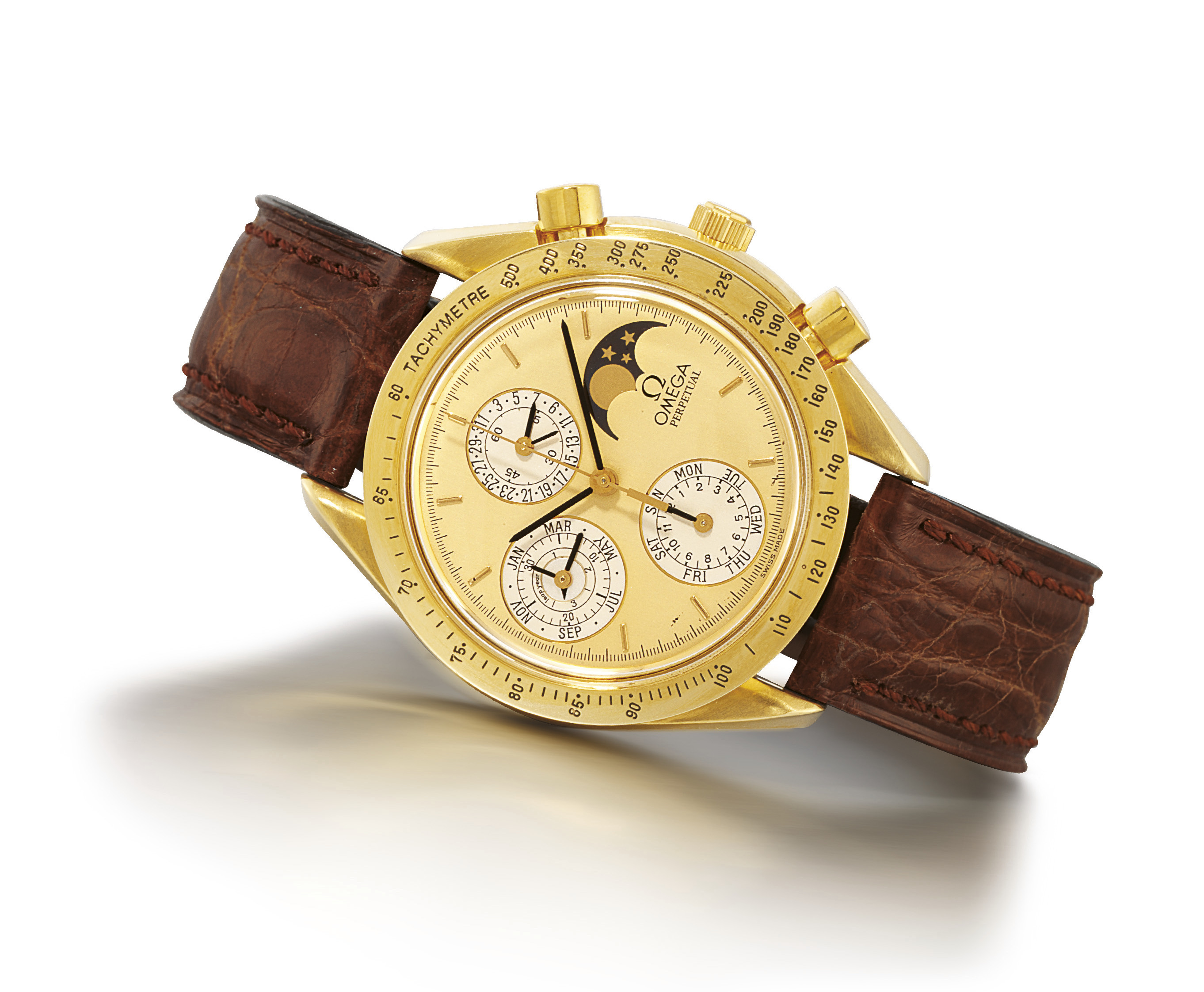 OMEGA, "SPEEDMASTER PERPETUAL" GOLD AUTOMATIC PERPETUAL CALENDAR