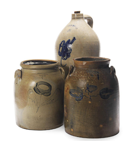 Two American Stoneware Crocks And A Two Gallon Jug With Floral
