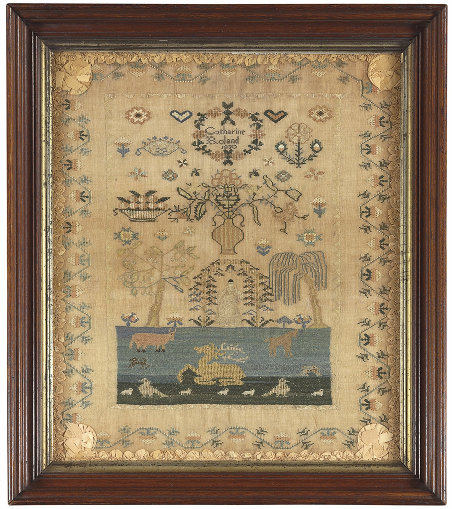 A SILK ON LINEN NEEDLEWORK SAMPLER , WORDED BY CATHERINE ROLAND (1818