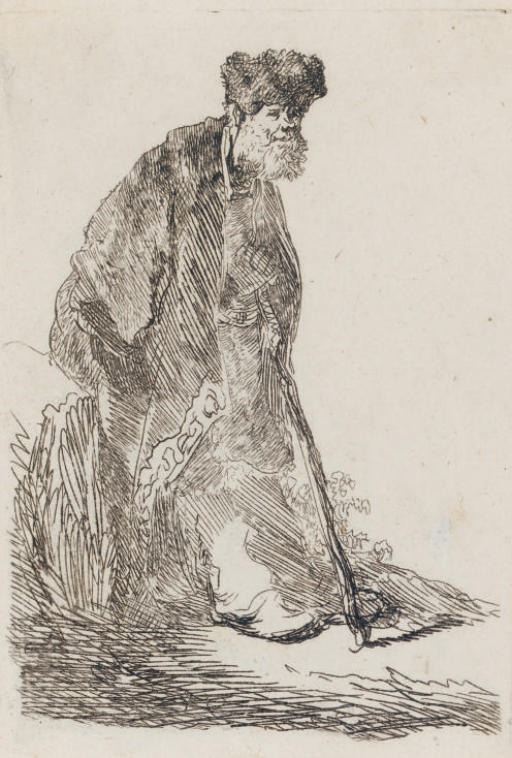 Man in a Coat and Fur Cap Leaning Against a Bank (B., Holl. 151; H. 14) 
