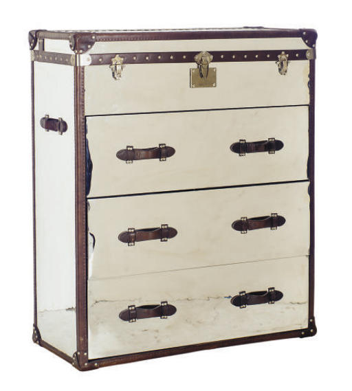 A Leather Bound Chromed Metal Tall Chest Of Drawers With Trunk Top
