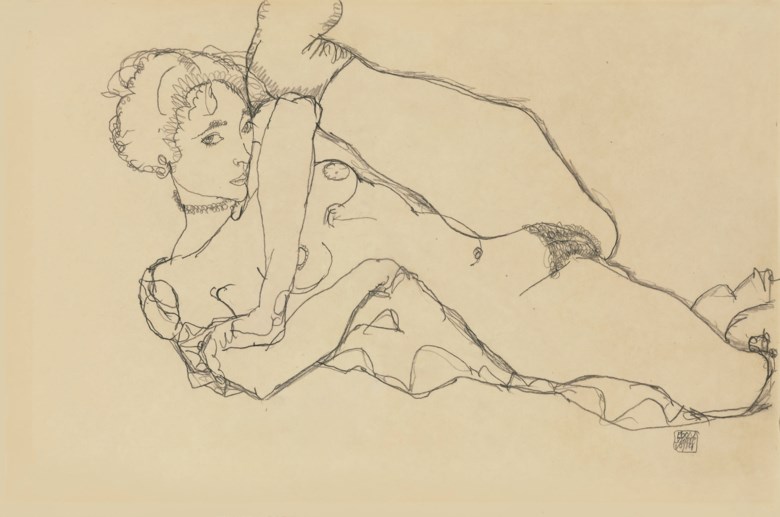 Egon Schiele (1890-1918), Liegender Akt mit angezogenem linken Bein, drawn in 1914. 12½ x 18⅞  in (31.8 x 48  cm). Sold for $1,777,000 on 6 May 2008 at Christie’s in New York
