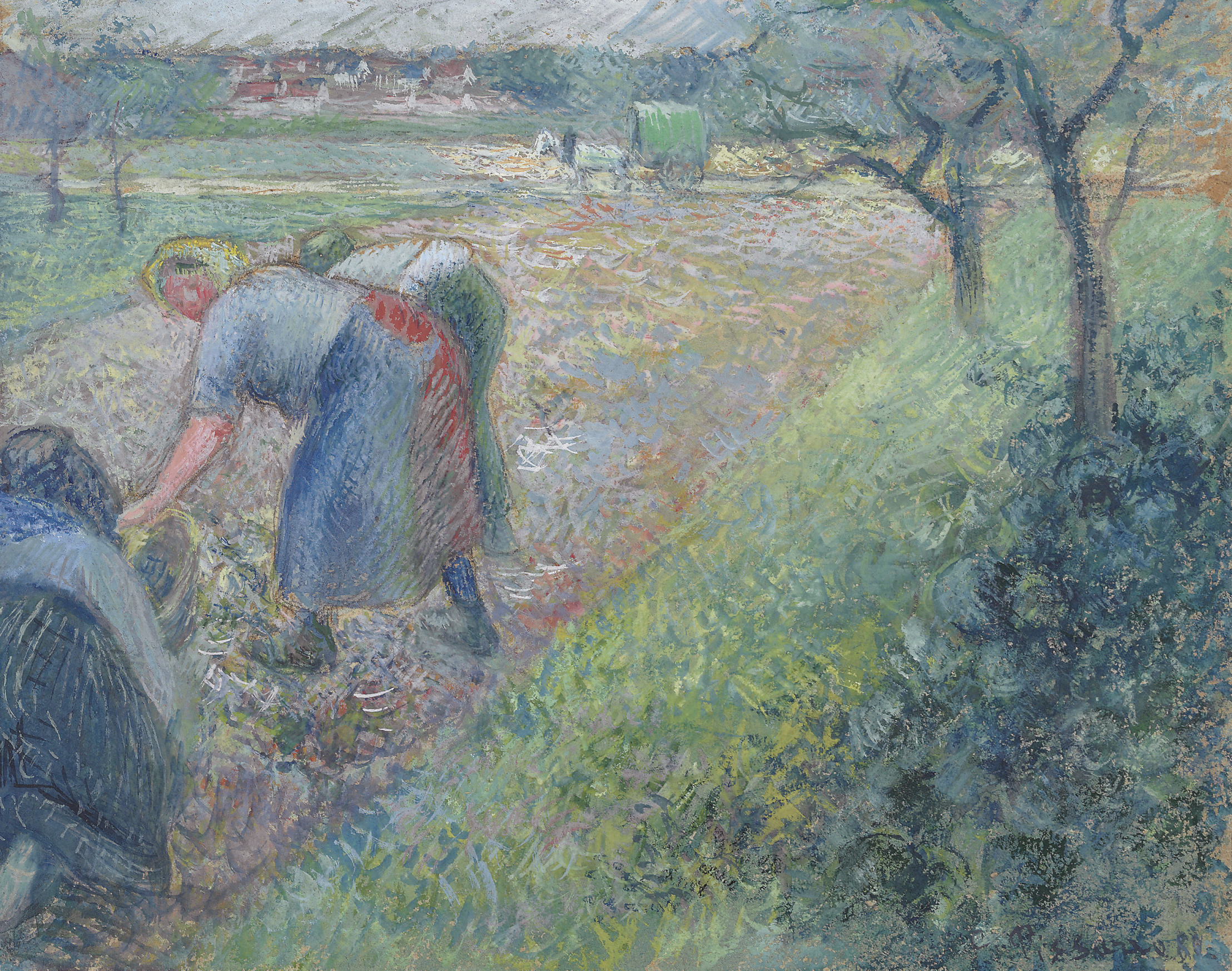 Camille Pissarro、Soleil couchant et brou Prairie avec vaches, brume, soleil couchant à Éragny