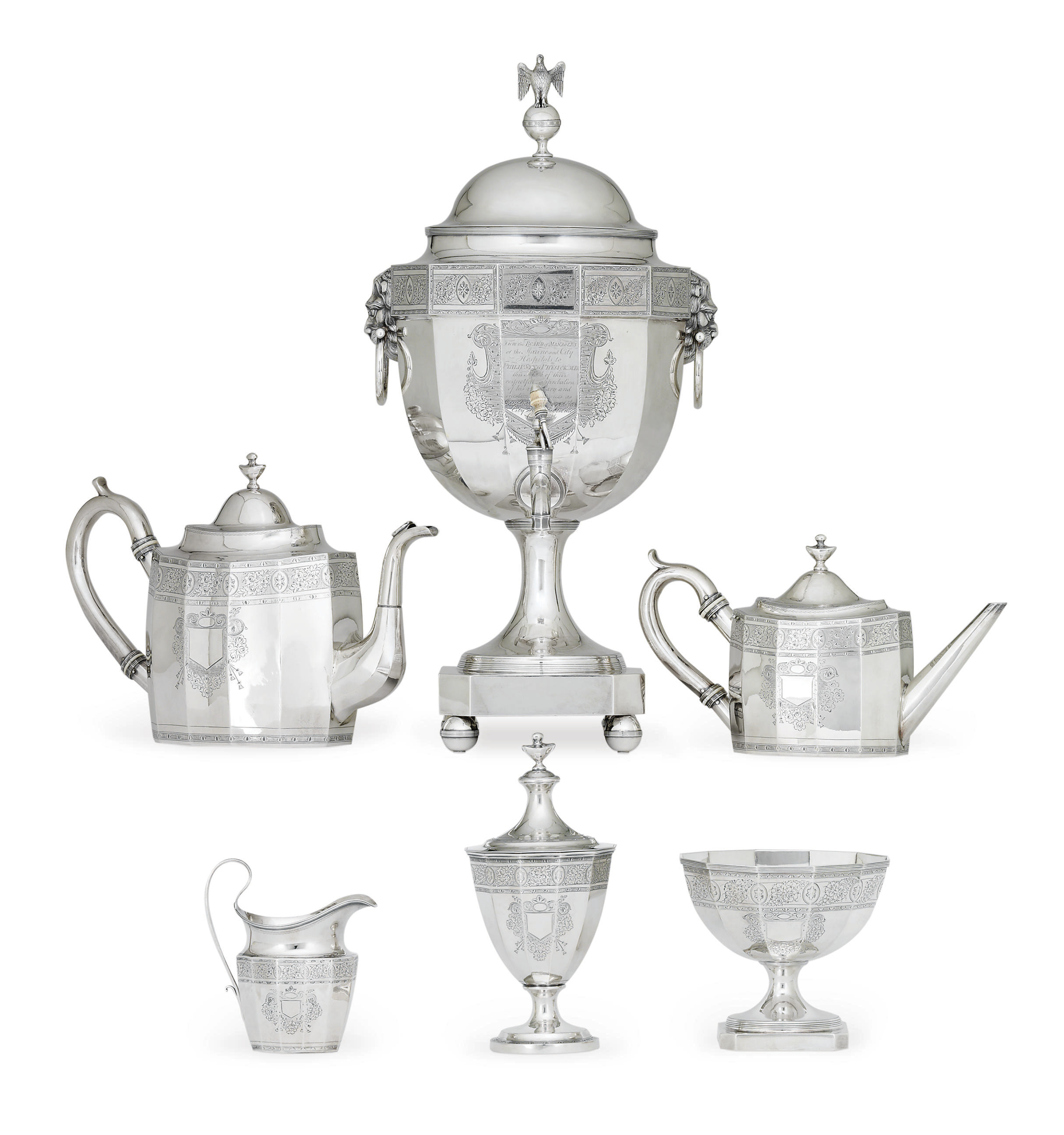 A MAGNIFICENT AMERICAN SILVER TEA URN AND SERVICE PRESENTED TO PHILIP SYNG PHYSICK** , THE TEA