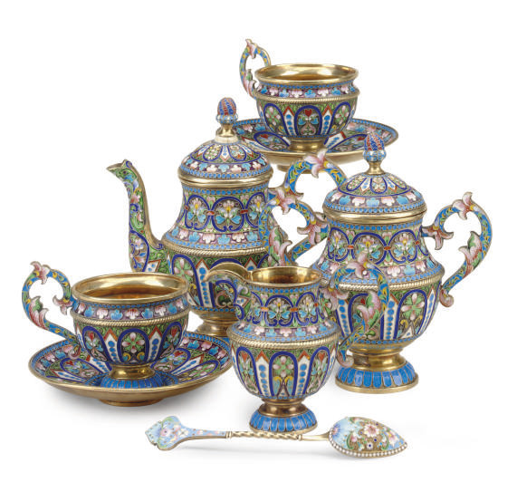 A RUSSIAN ENAMELED SILVER TEA SET, , BEARING SPURIOUS MARKS FOR