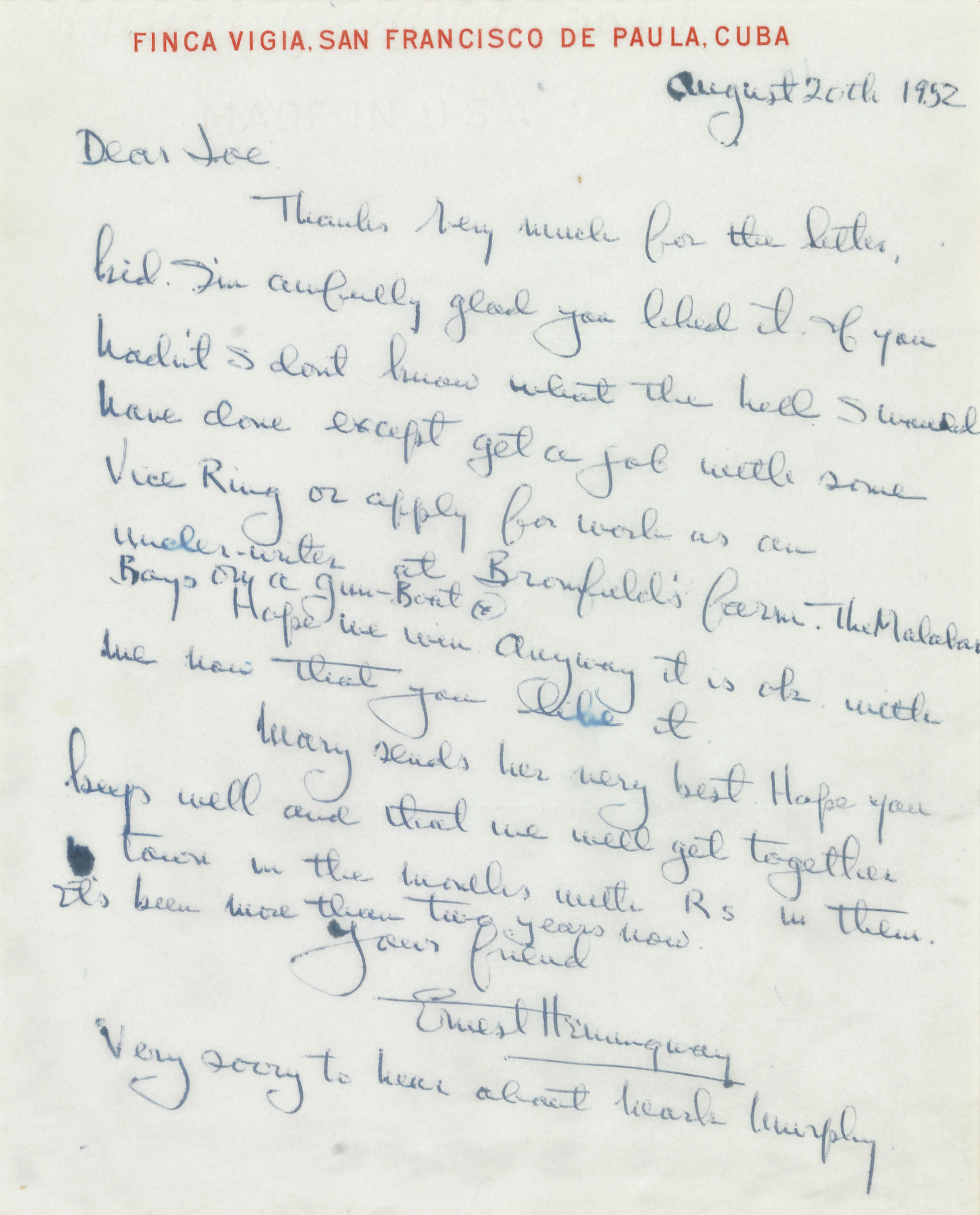 HEMINGWAY, Ernest. Autograph letter signed ("Ernest Hemingway") to