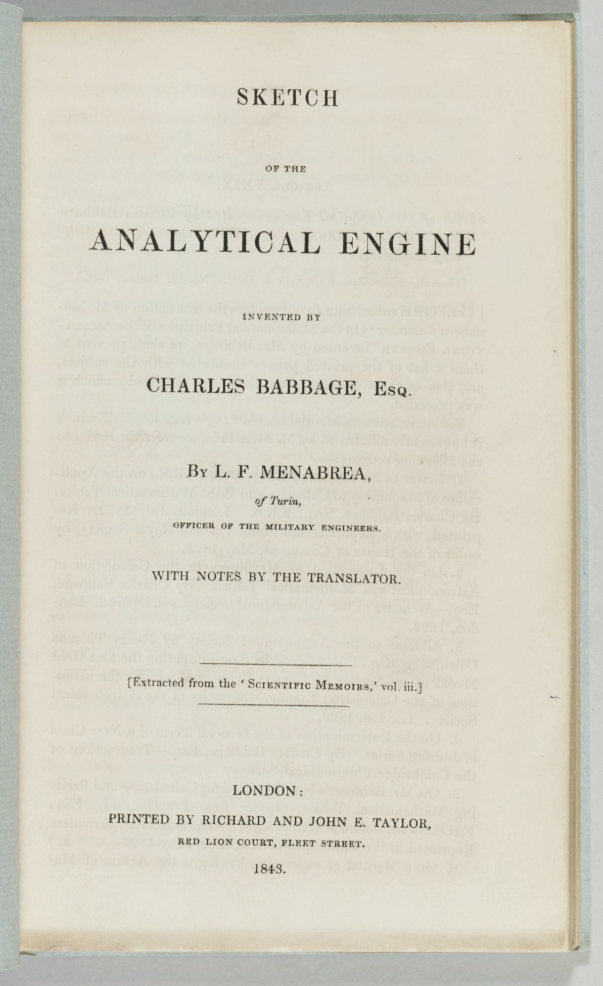 [BABBAGE]. MENABREA, Luigi Federico (18091896). Sketch of the
