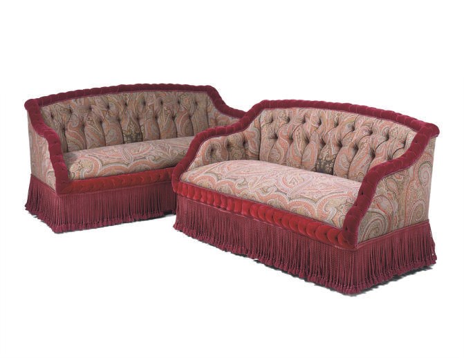 A PAIR OF PAISLEY PRINT AND RED VELVET SMALL SOFAS, , BY MAISON SOSEGH