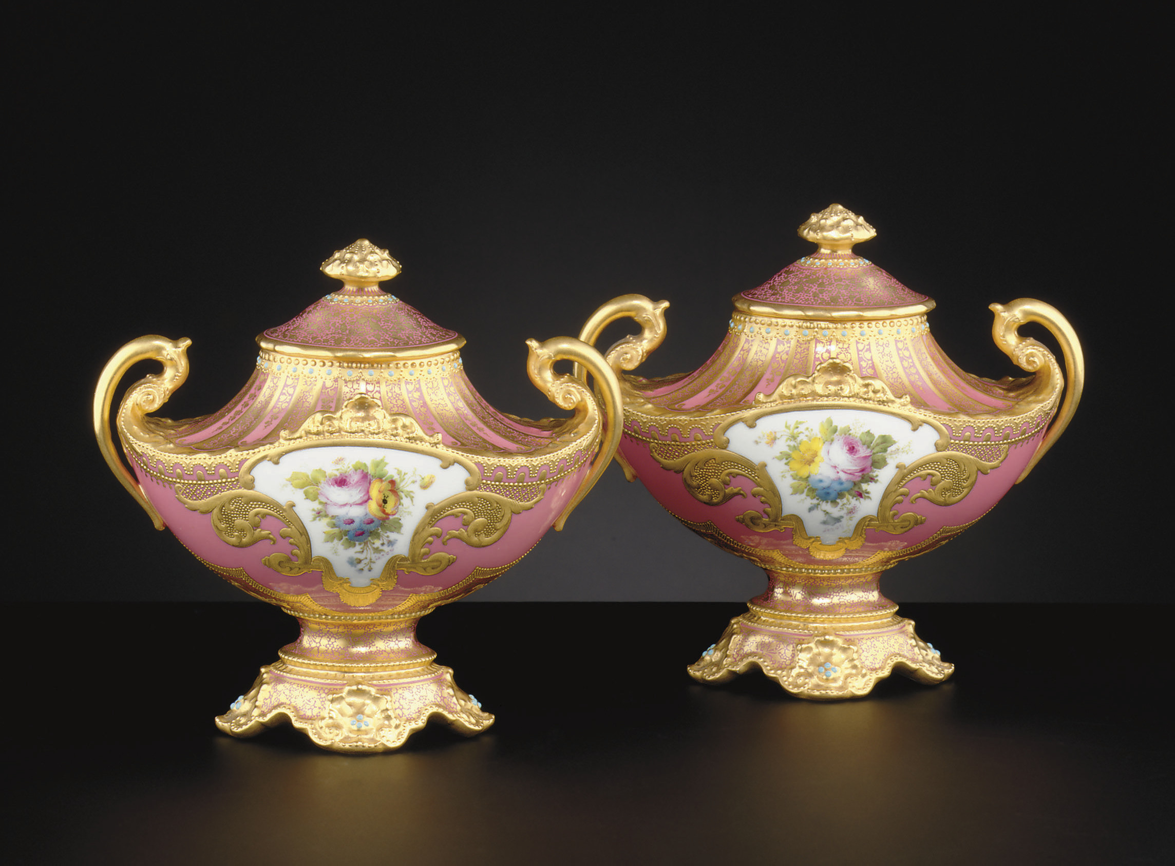 A PAIR OF ROYAL CROWN DERBY 'JEWELED' PINK AND GOLD GROUND VASES