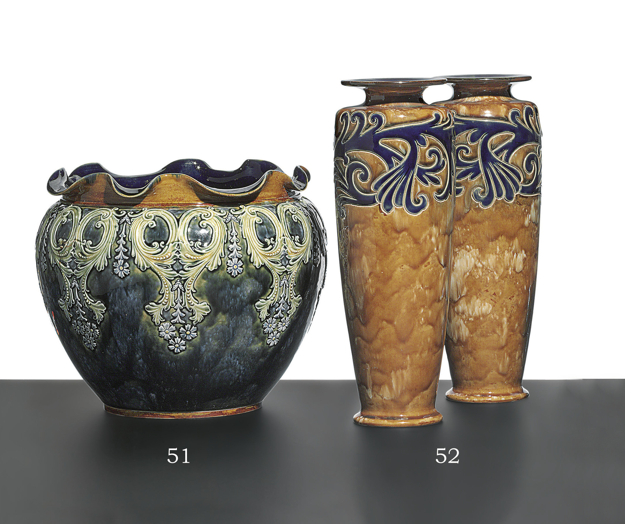 A PAIR OF ROYAL DOULTON STONEWARE MOTTLEDBROWN GROUND VASES , DATE