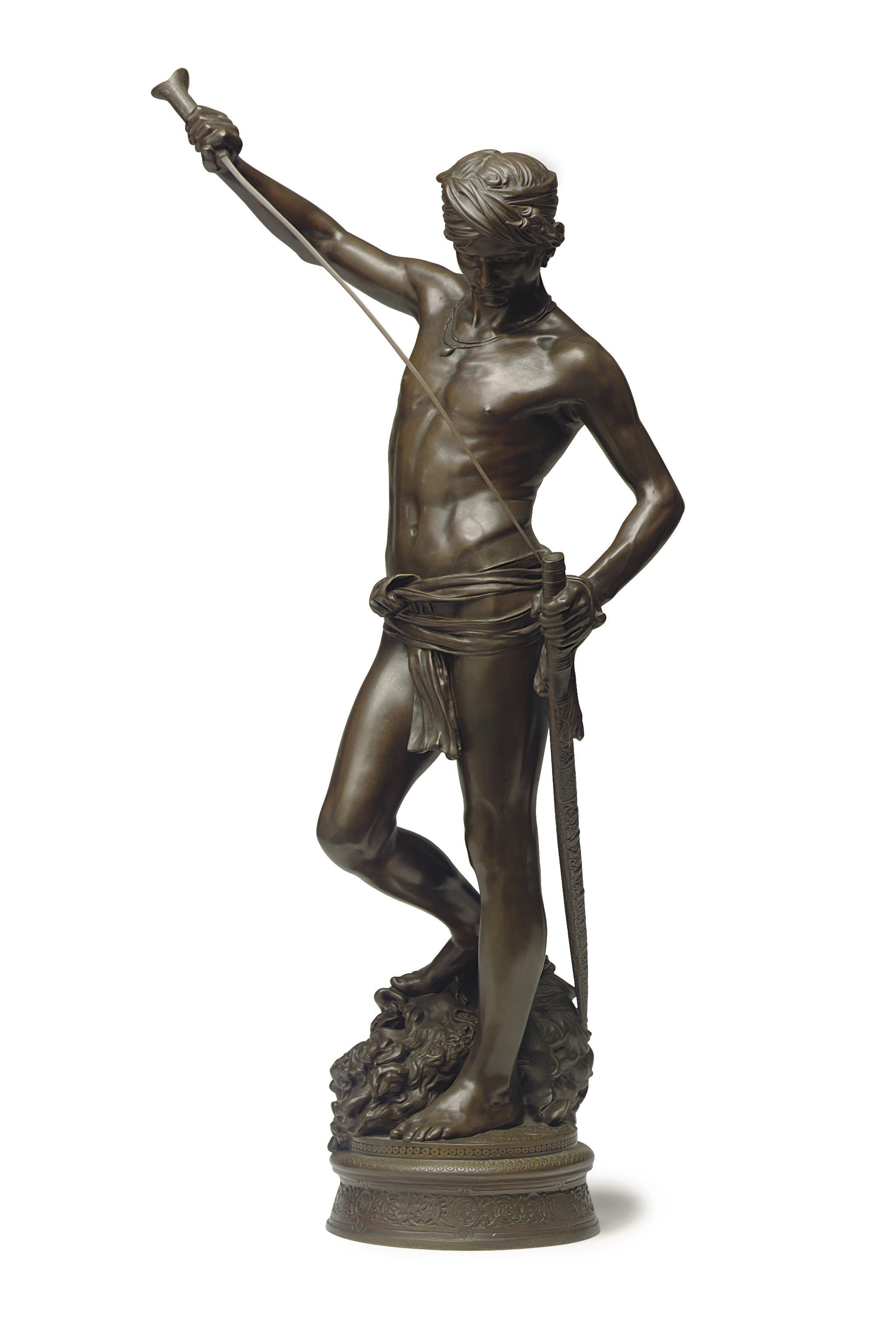 A FRENCH BRONZE FIGURE ENTITLED 'DAVID VAINQUEUR' , CAST FROM A MODEL