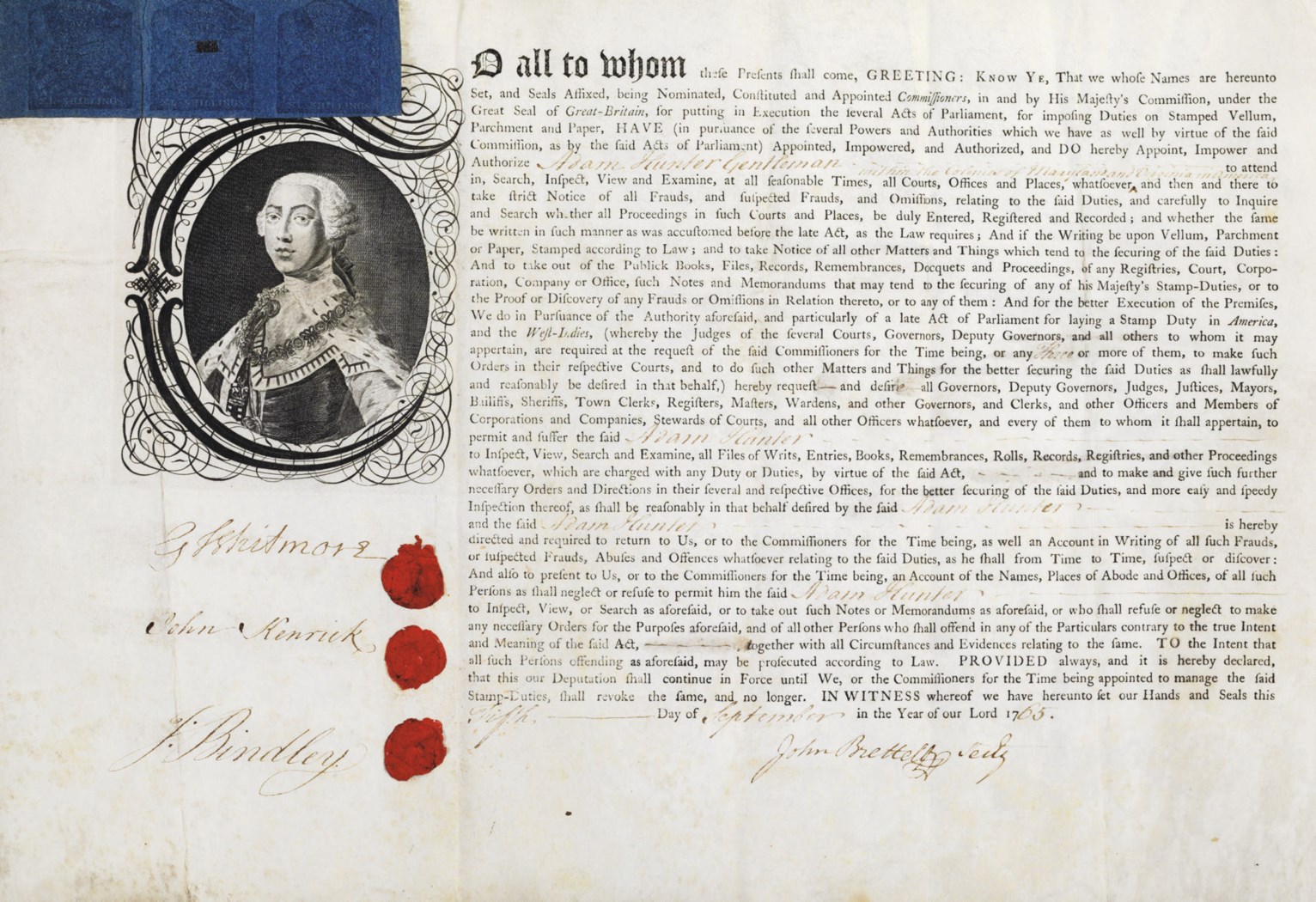 [REVOLUTIONARY WAR]. [STAMP ACT]. Partly printed document signed ("G
