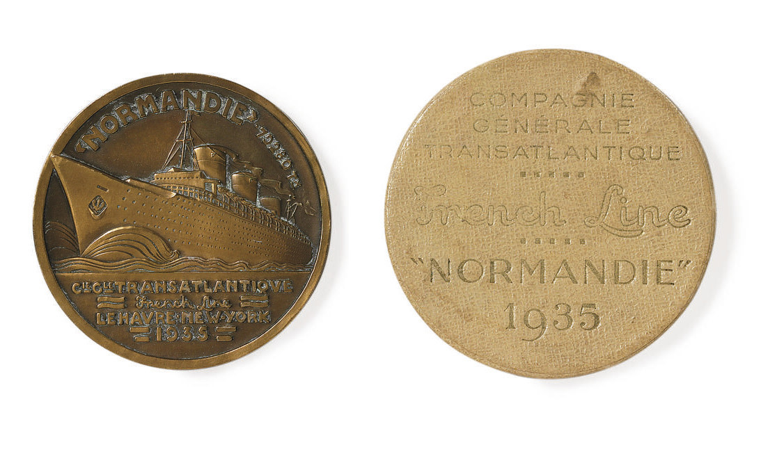 A bronze maiden voyage medallion from the S.S. Normandie , CIRCA