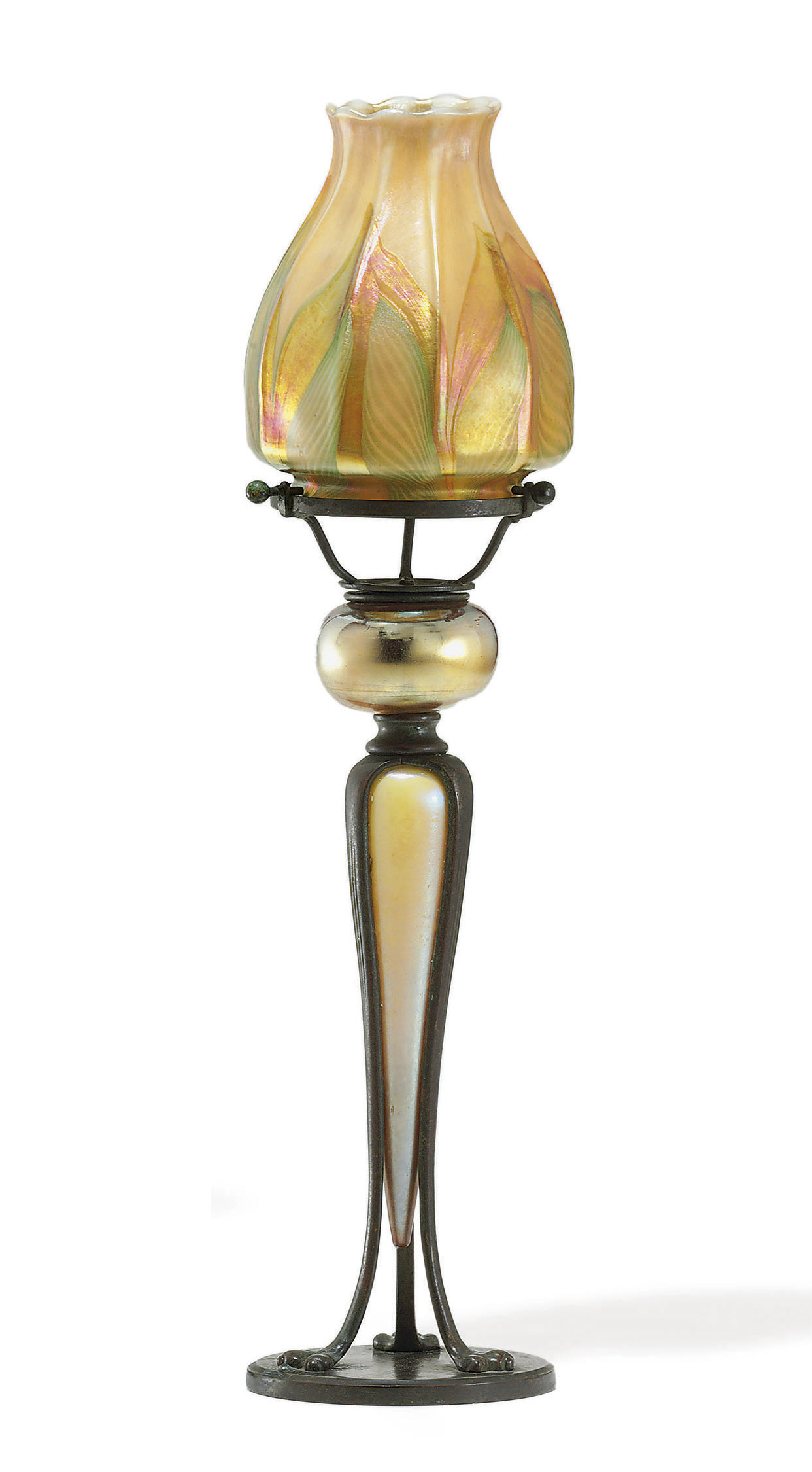 TIFFANY STUDIOS , A FAVRILE GLASS AND BRONZE CANDLE LAMP, CIRCA 1910