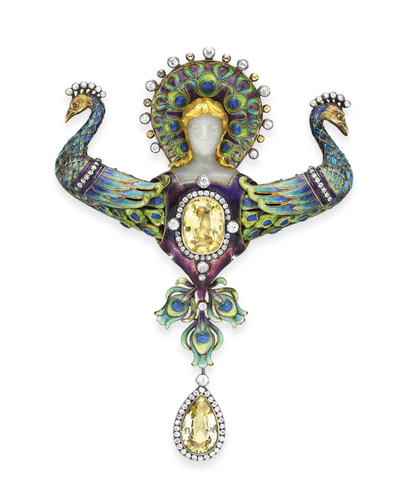 AN ART NOUVEAU ENAMEL, DIAMOND AND SAPPHIRE 
