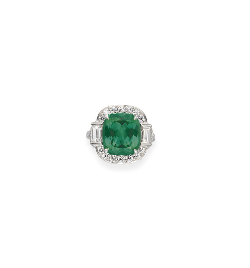 A GREEN TOURMALINE AND DIAMOND RING, BY 