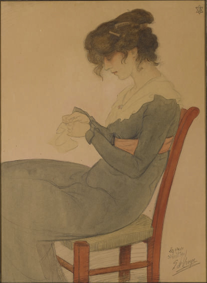 Femme assise cousant 
