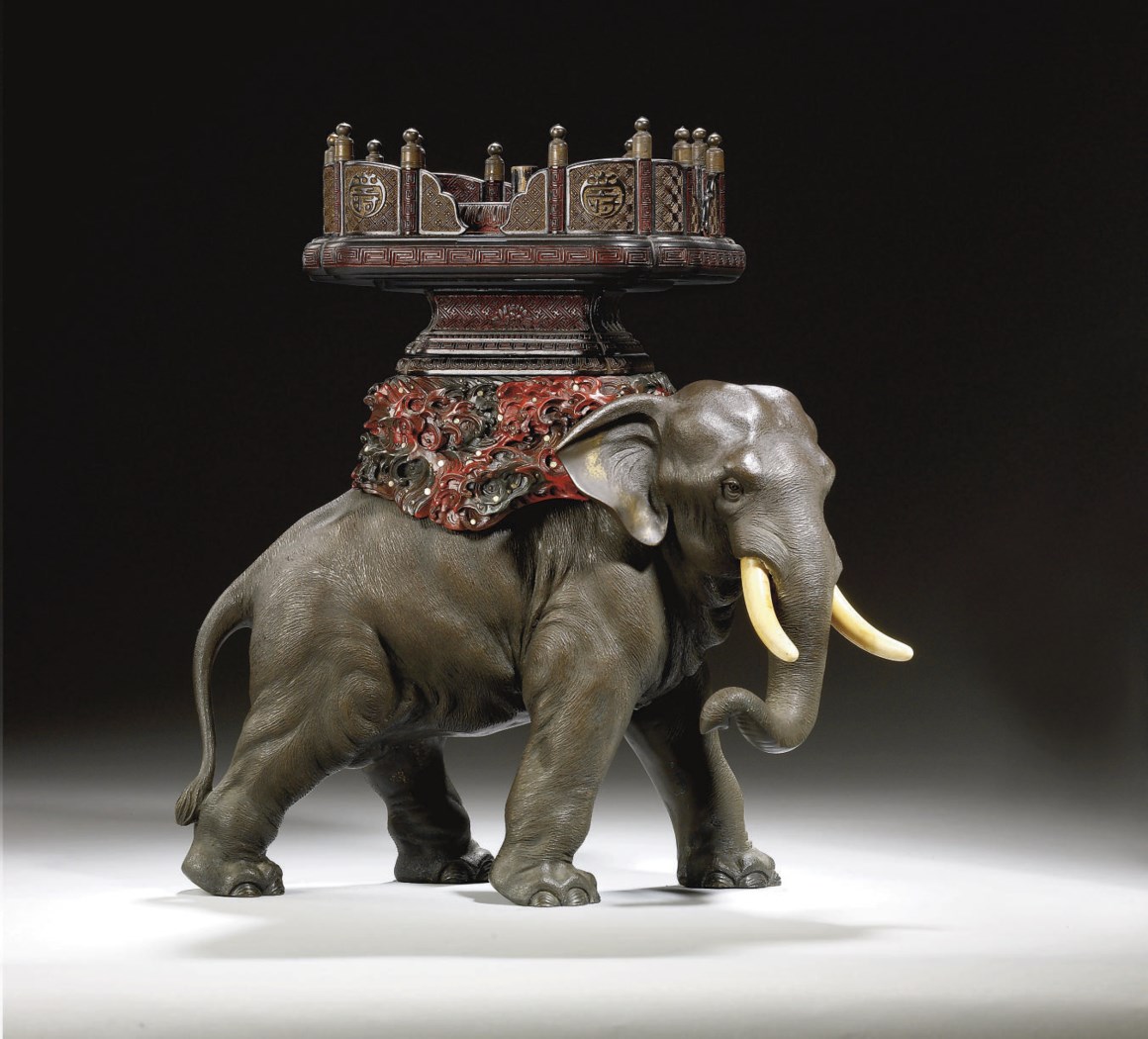 ELEPHANT EN BRONZE, IVOIRE ET BOIS, JAPON, SIGNE MARUKOSHI, CIRCA 1900