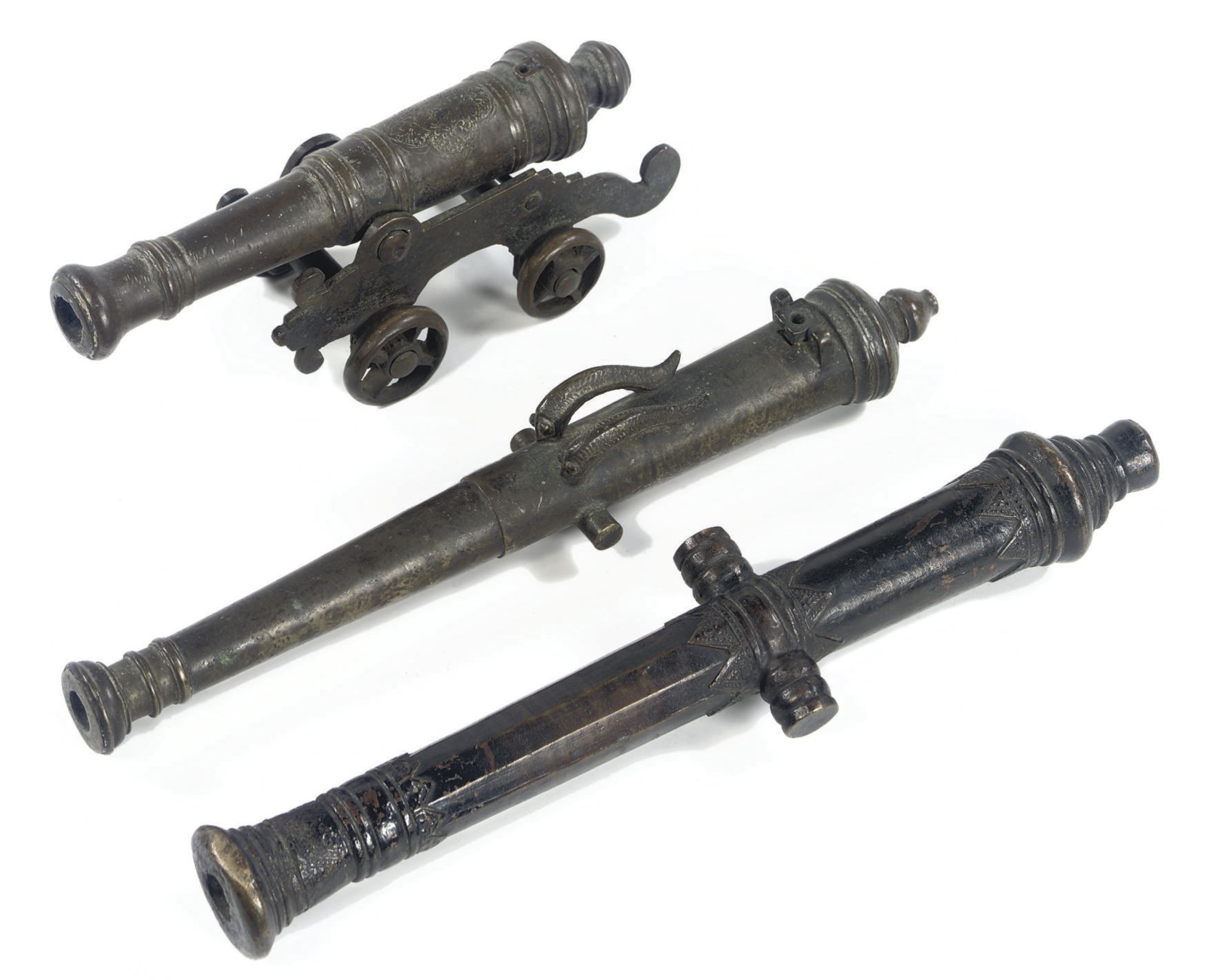 THREE VARIOUS BRONZE CANNONS