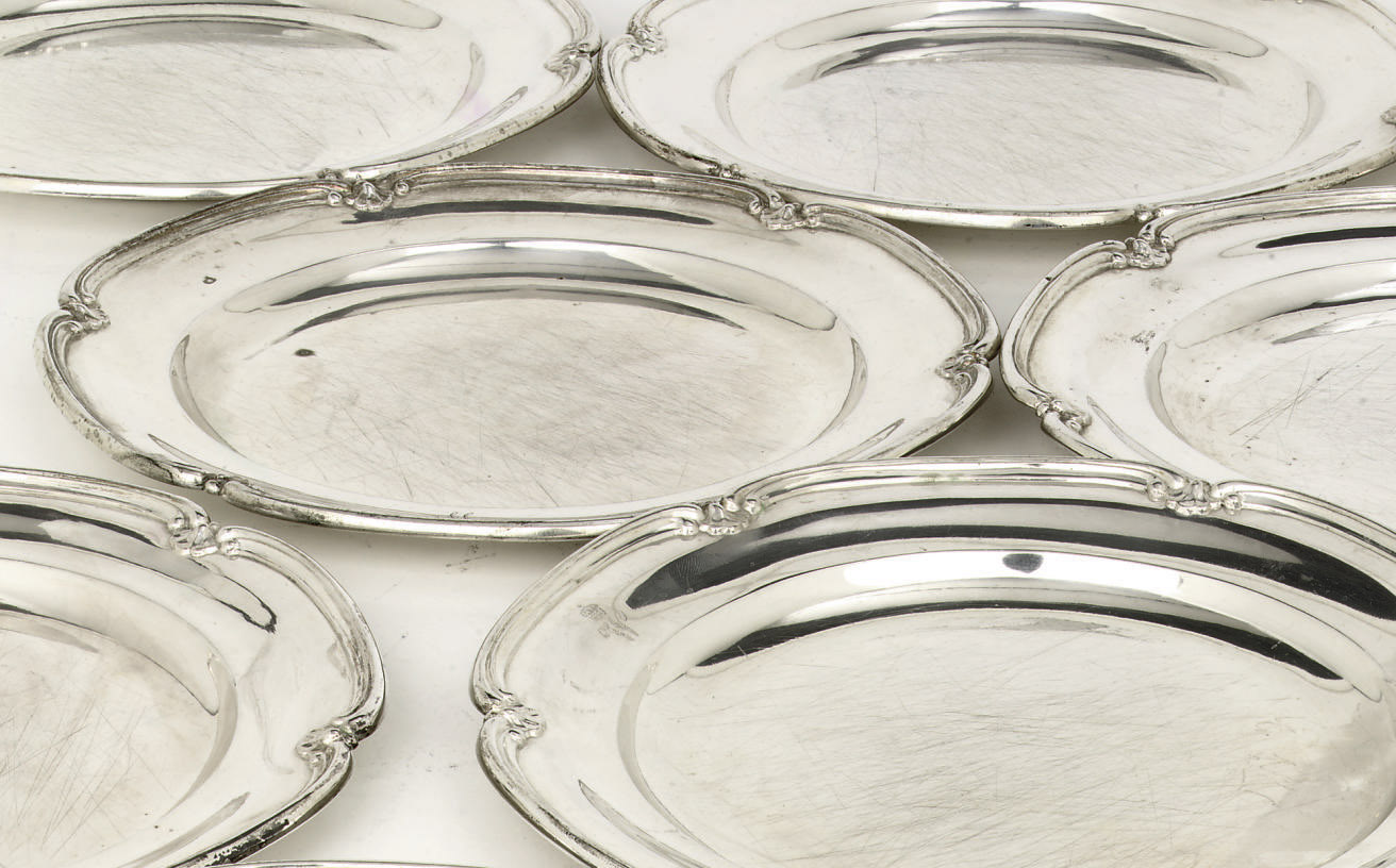 A set of ten Royal German silver dinner plates , STAMPED 13 AND MAKER'S