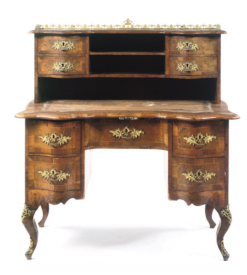 A GERMAN ORMOLUMOUNTED WALNUT WRITING DESK , THIRD QUARTER 19TH