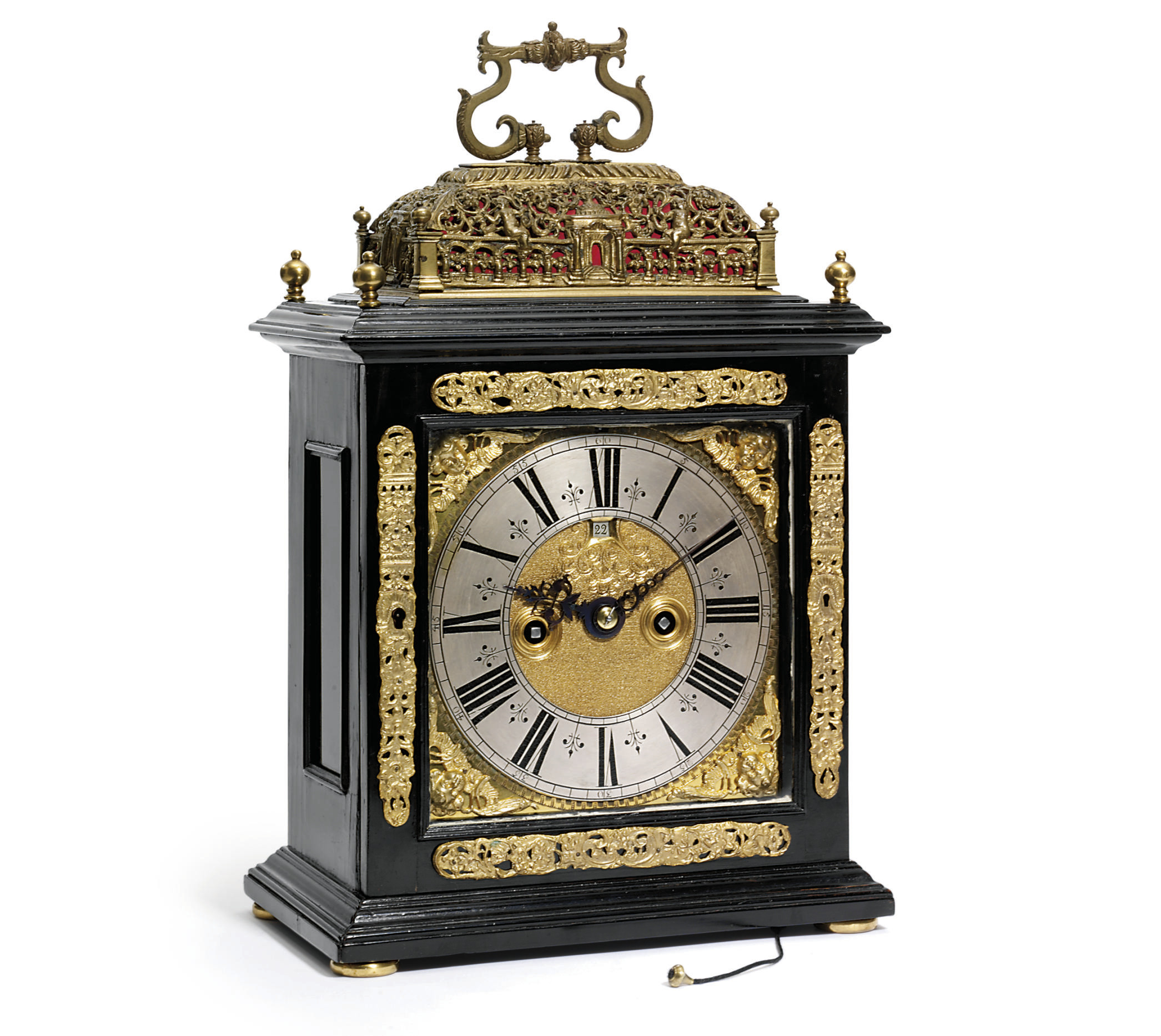 A QUEEN ANNE BRASSMOUNTED EBONISED STRIKING EIGHT DAY TABLE CLOCK WITH