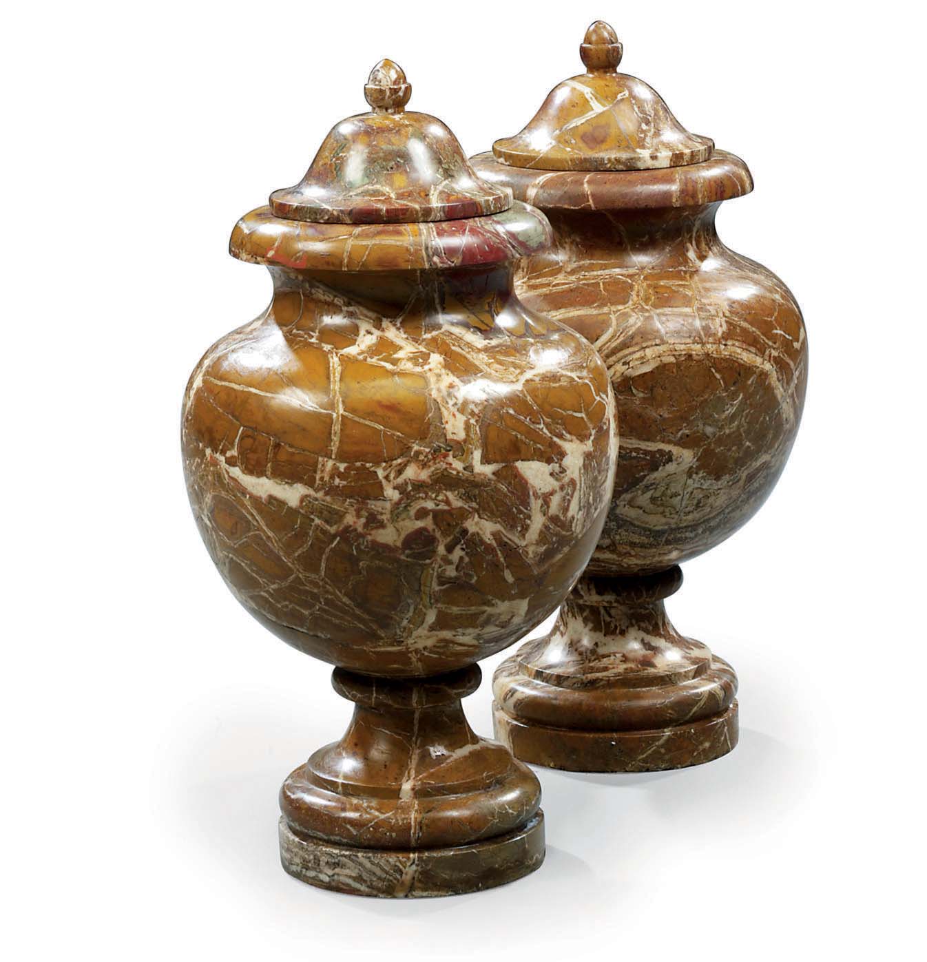 A PAIR OF SICILIAN JASPER VASES WITH COVERS , PROBABLY 19TH CENTURY