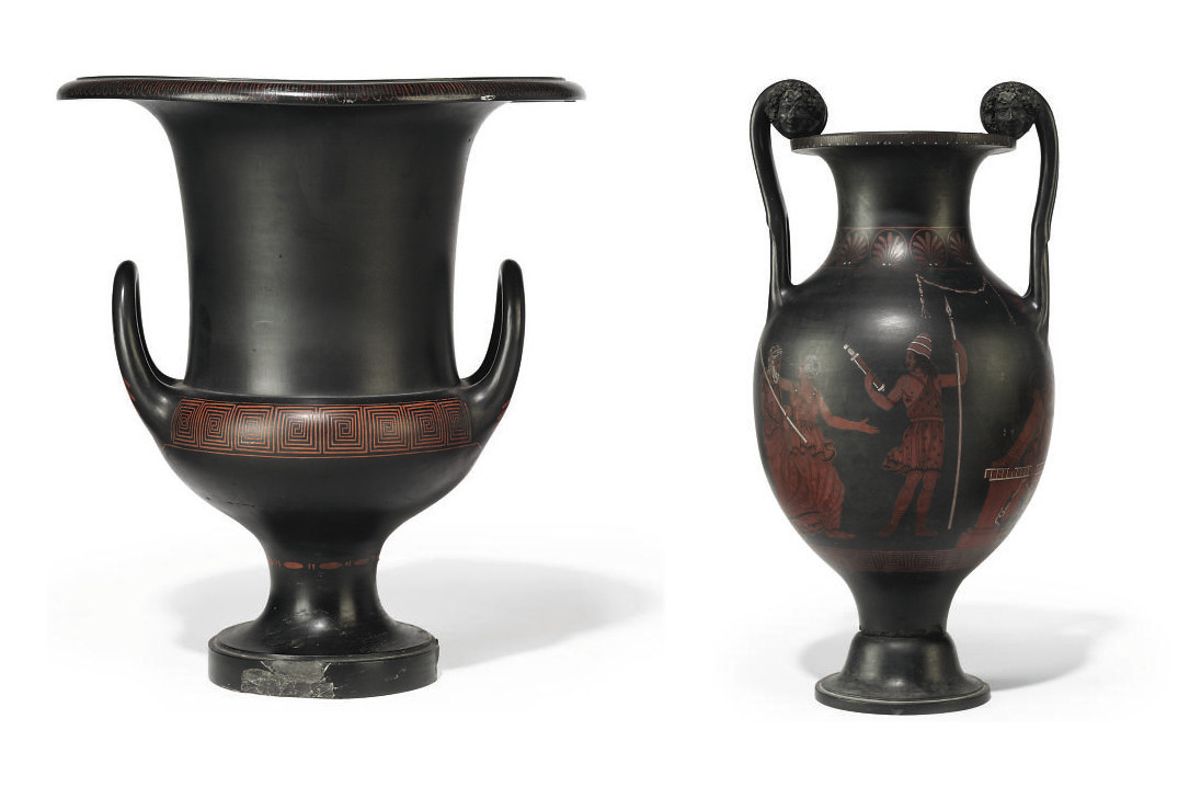 Two Wedgwood Black Basalt Encaustic Decorated Two Handled Vases