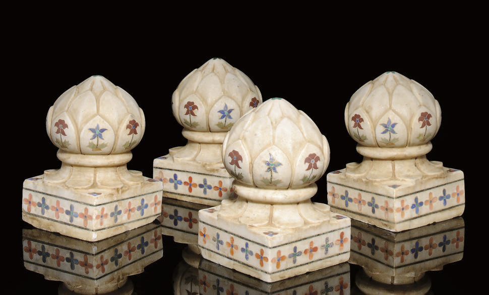 FOUR MARBLE CARPET WEIGHTS WITH INLAID HARDSTONE DECORATION, AGRA