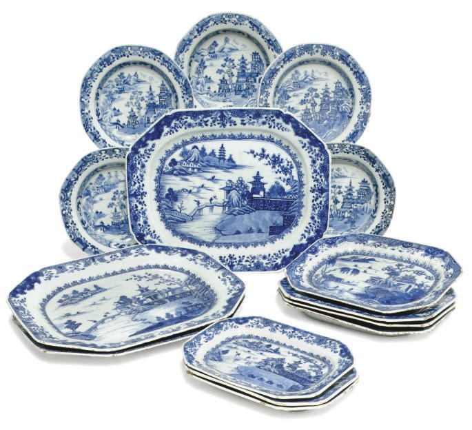 A GROUP OF CHINESE BLUE AND WHITE EXPORT SERVING DISHES , 18TH CENTURY ...