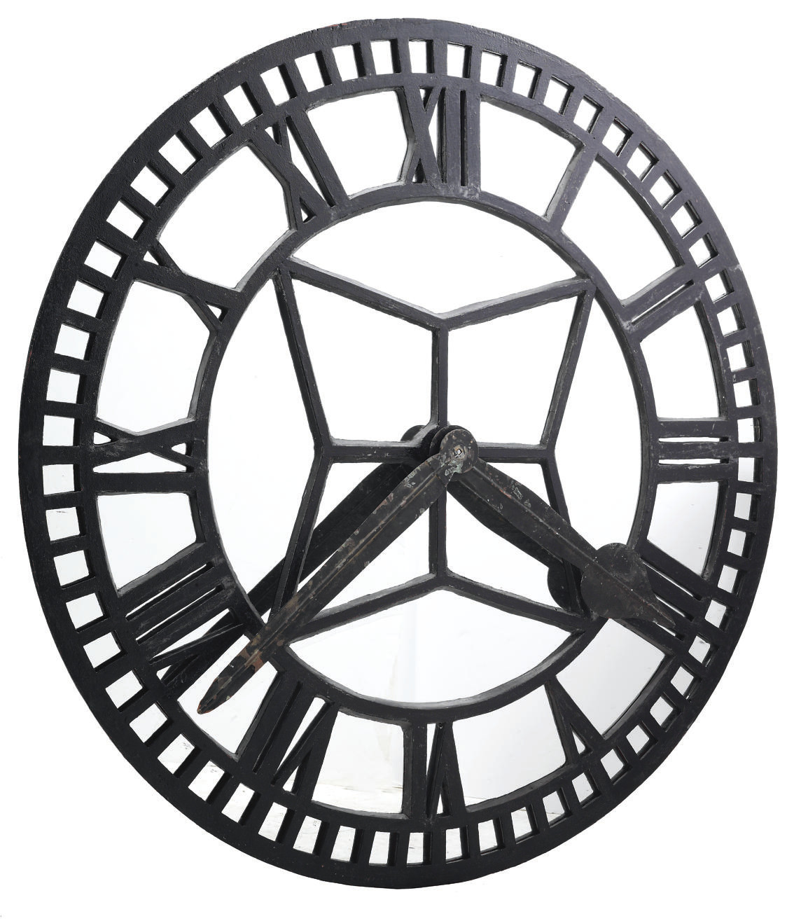 A LARGE CASTIRON MIRRORED CLOCK FACE , LATE 19TH CENTURY AND LATER
