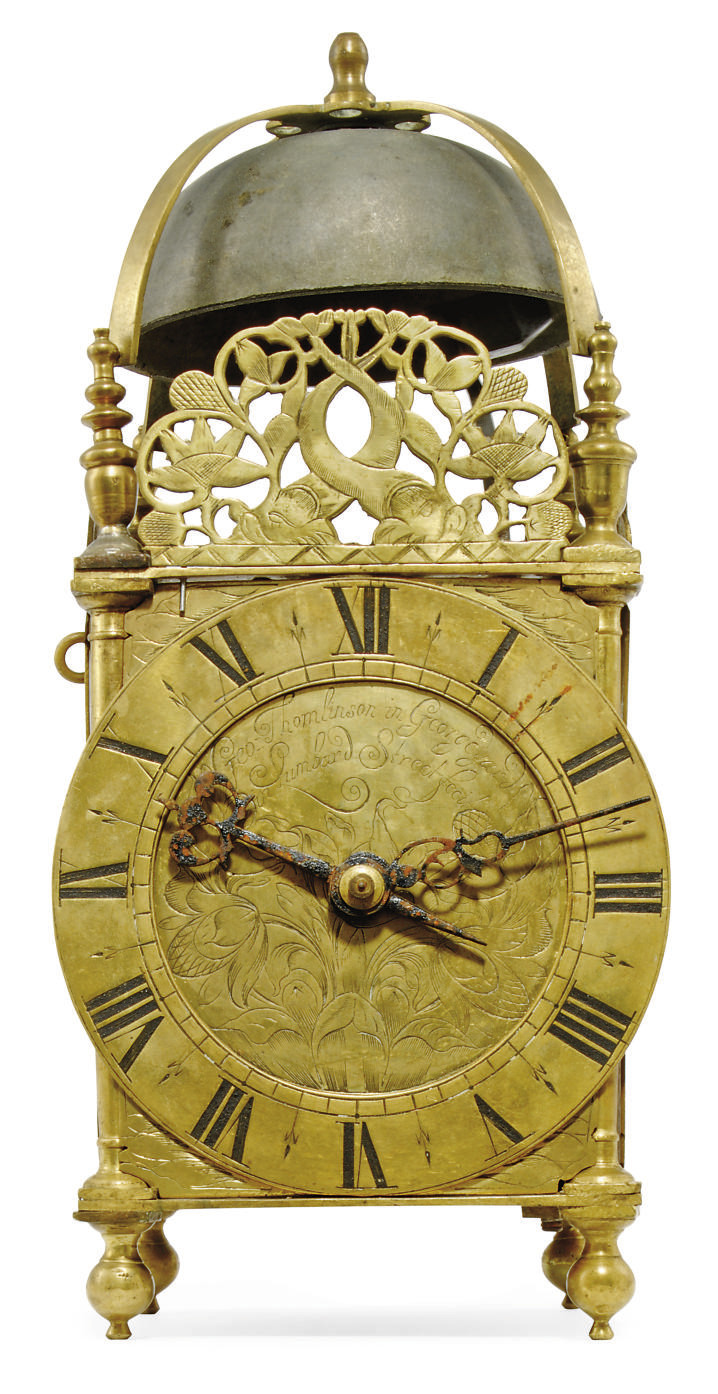 An English brass striking lantern clock , THOMLINSON, LONDON