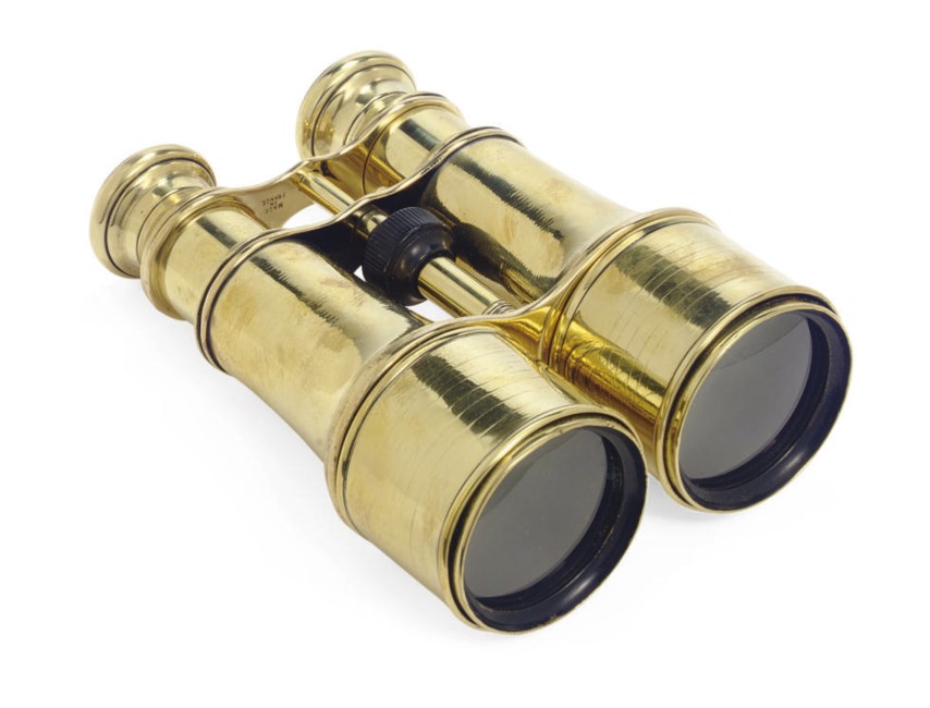A pair of late 19th century French brass binoculars , SIGNED MERCHANT