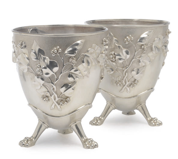 A PAIR OF VICTORIAN WINE COOLERS AND LINERS ON THREE PAW FEET AND AN