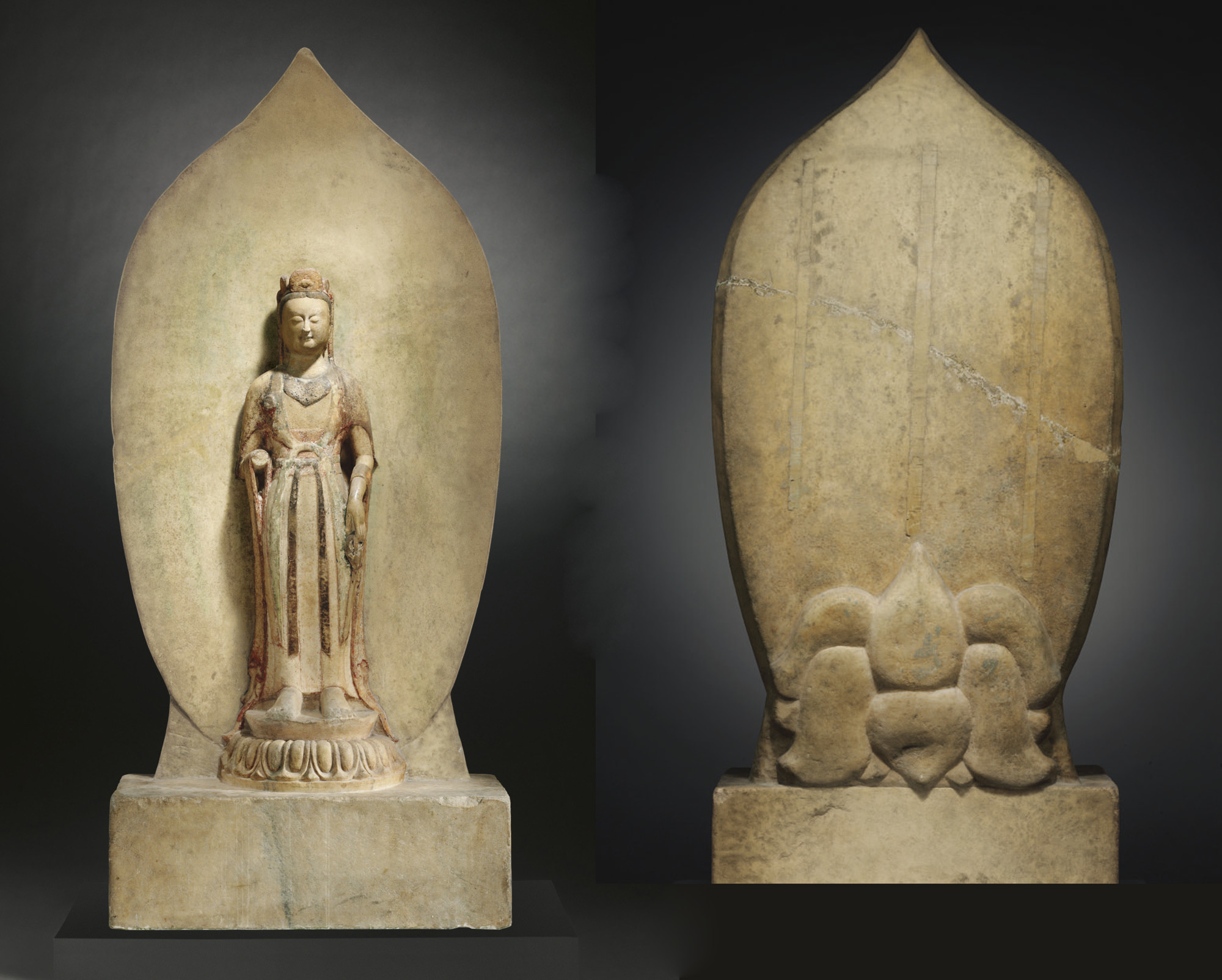 A VERY RARE AND IMPORTANT PAINTED WHITE MARBLE BUDDHIST VOTIVE STELE