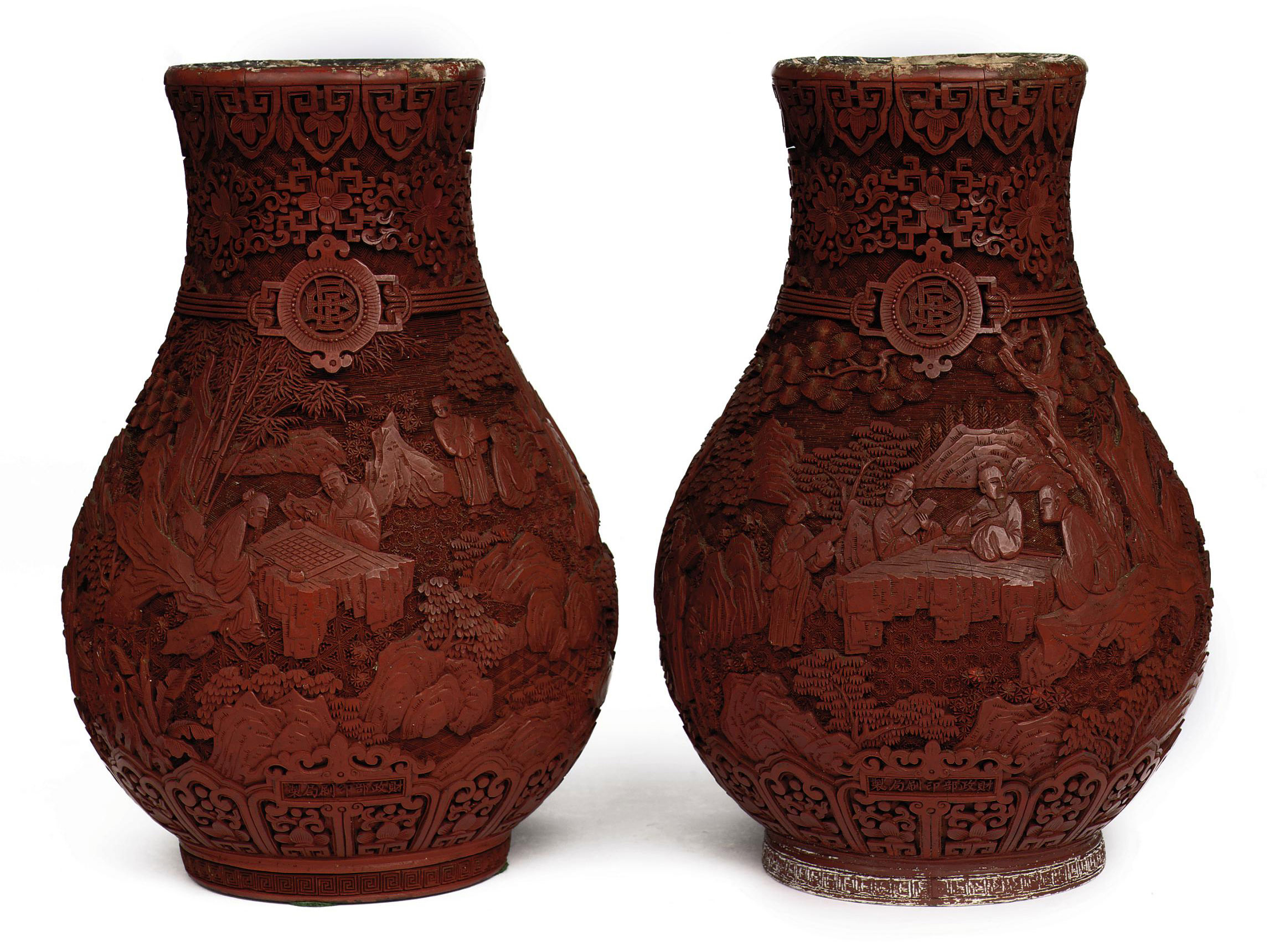 A Pair Of Chinese Cinnaber Red Lacquer Vases 19th Century All
