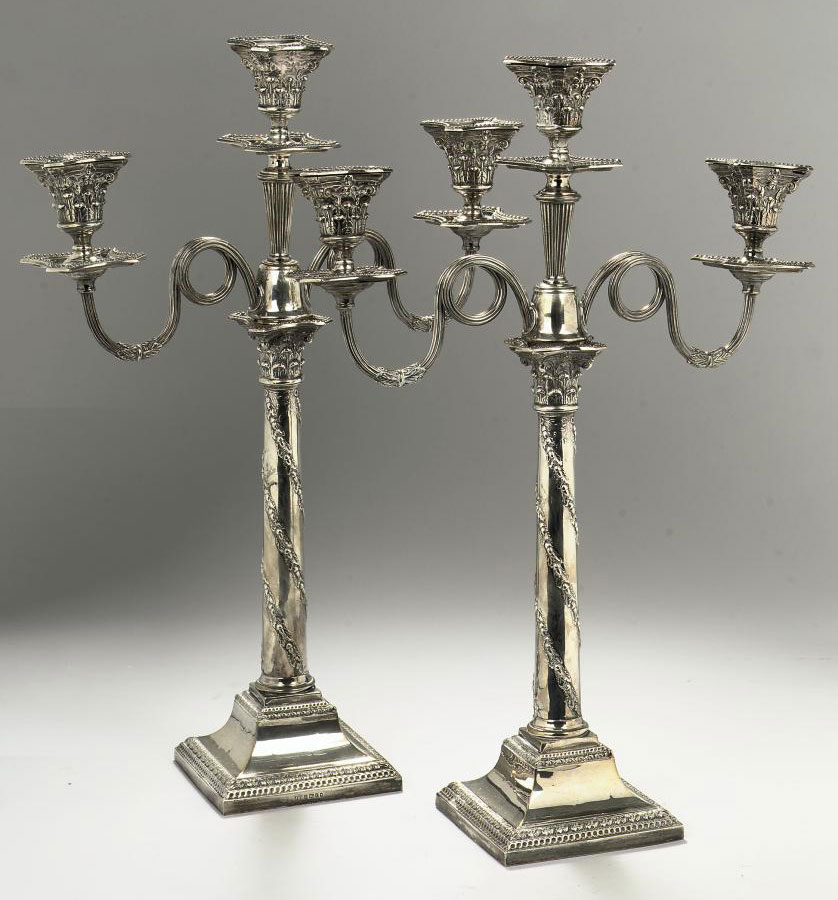 A PAIR OF ENGLISH VICTORIAN ASSEMBLED THREELIGHT CANDELABRA , THE