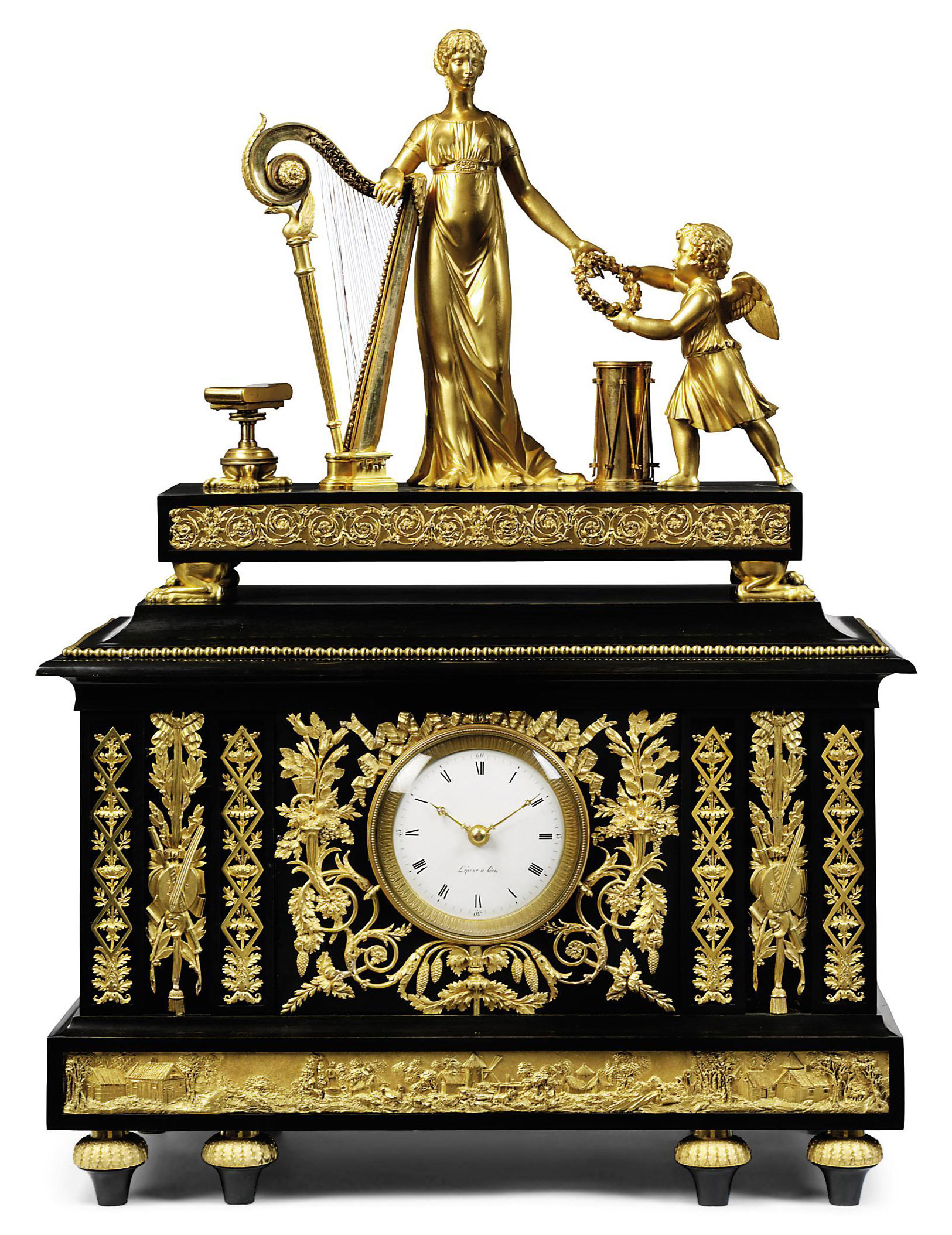 A DIRECTOIRE PATINATEDBRONZE AND ORMOLUMOUNTED MUSICAL ORGAN CLOCK