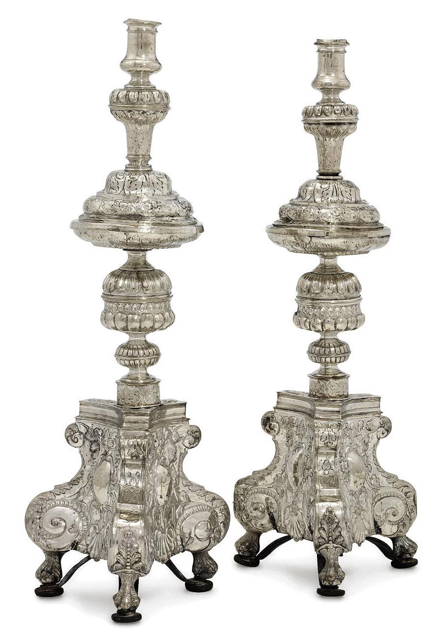 A PAIR OF SPANISH SILVER ALTARCANDLESTICKS , SEVILLE, 18TH CENTURY AND