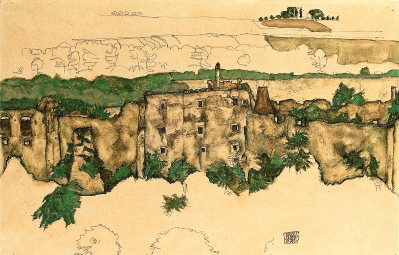 Egon Schiele (1890-1918), Landschaft (Ruine Weitenegg), executed in Weitenegg on 2 July 1916. 11¼ x 17⅞  in (29.2 x 45.6  cm). Sold for £1,127,650 on 24 June 2010 at Christie’s in London