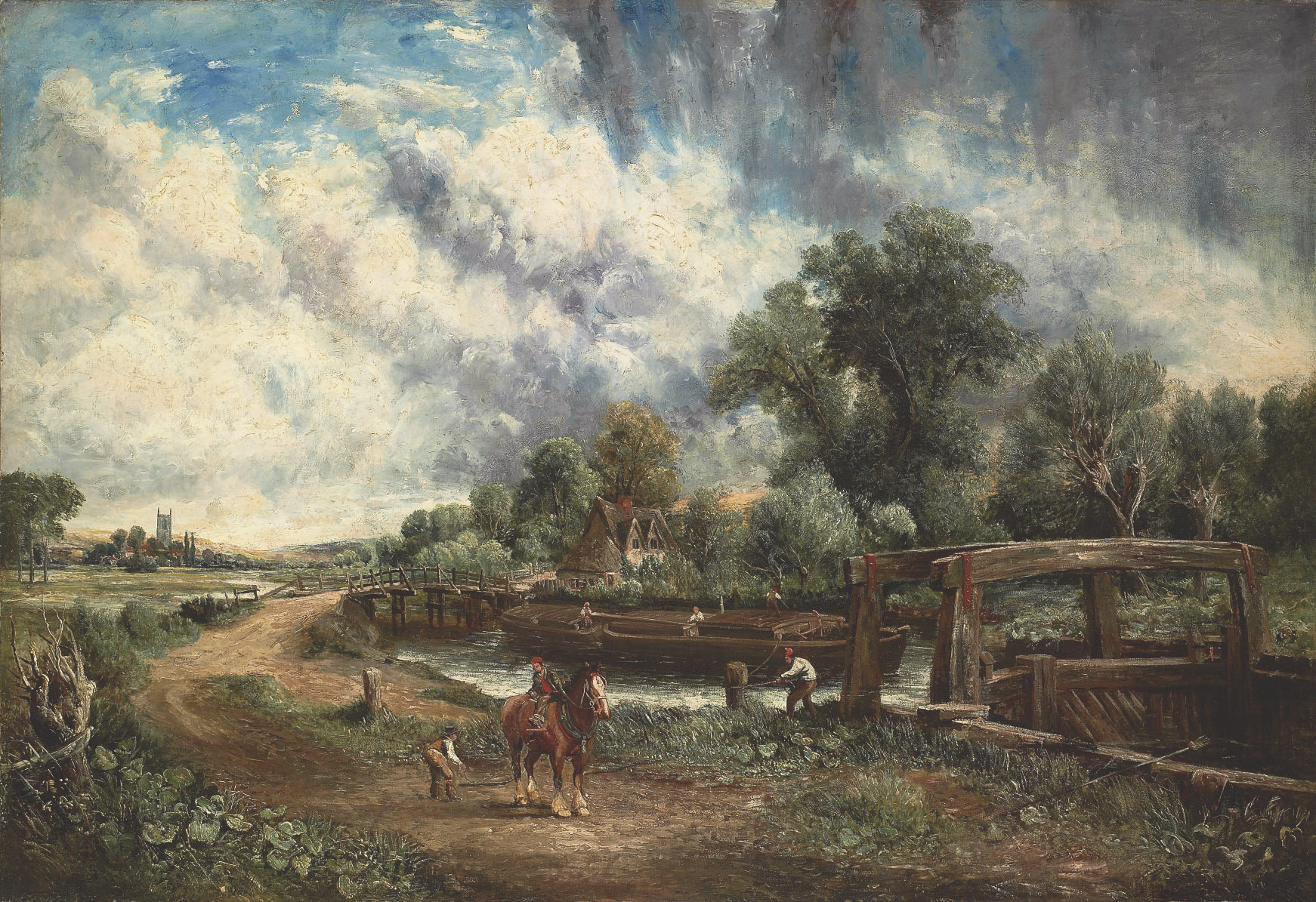 View on the Stour near Dedham with Flatford Lock and Old Bridge 

